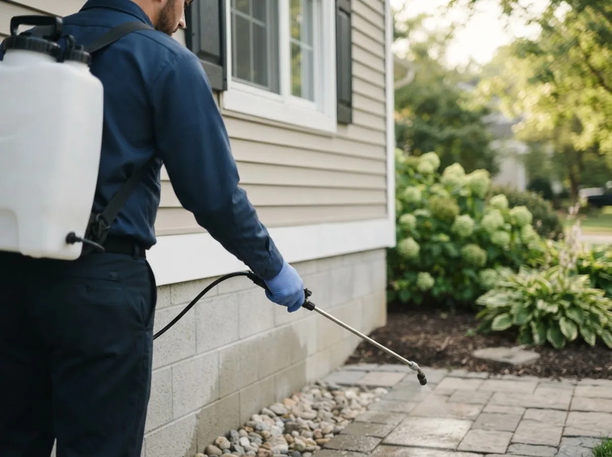 Pest control technician inspecting a home in Kieler, WI